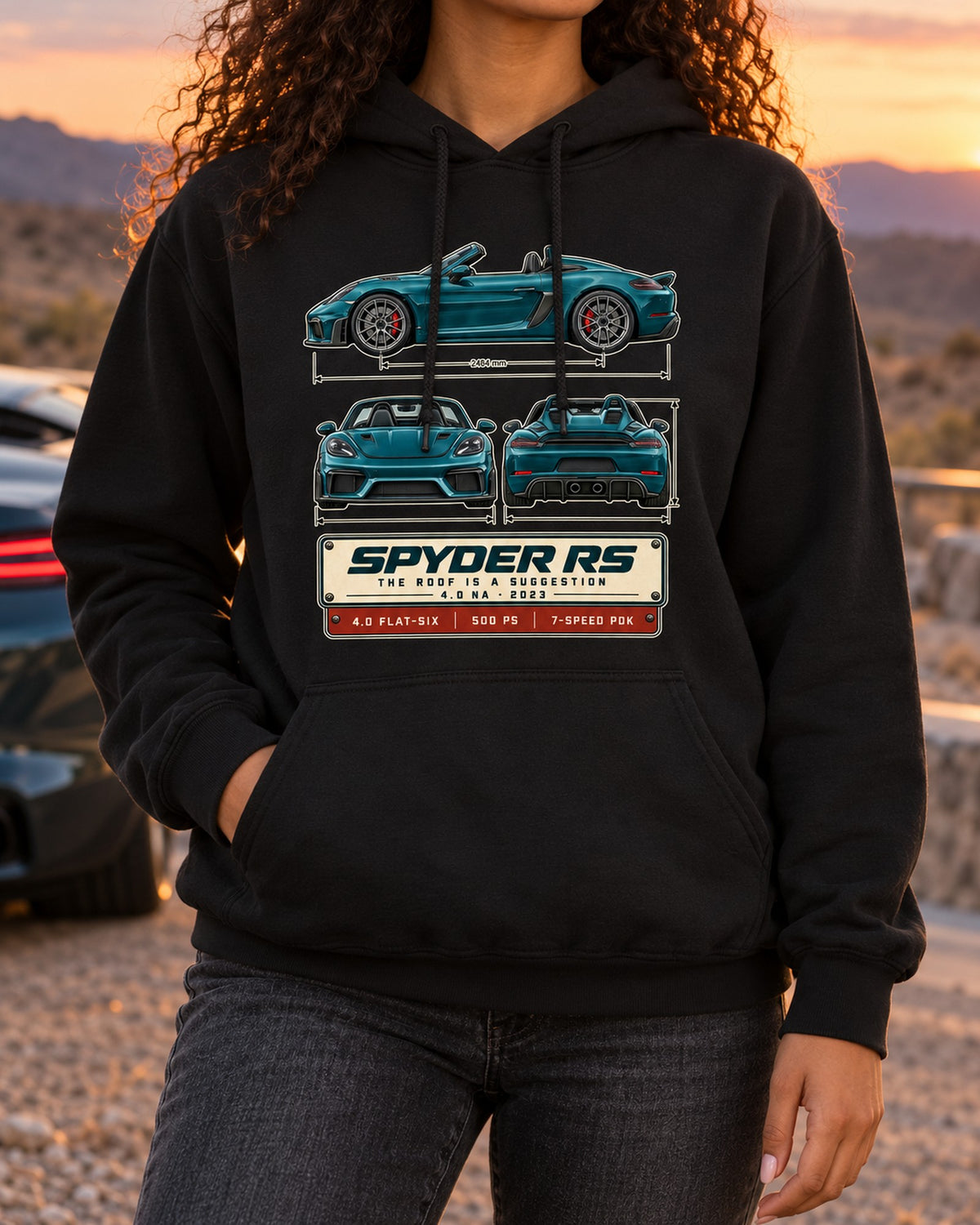 Porsche 718 Spyder RS 982 Three-View Spec Shirt, 4.0 NA Pull Over Hoodie Black worn hero