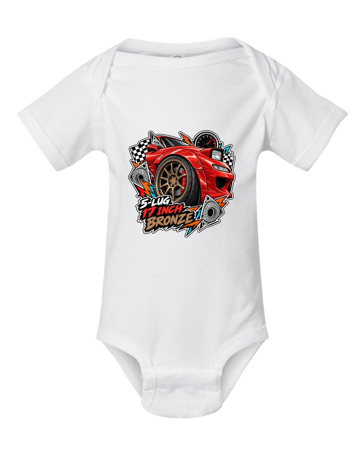 Gauge cluster print of a Mazda RX-7 FD3S boost needle with the text Boost Leak Somewhere white baby onesie front view with the design