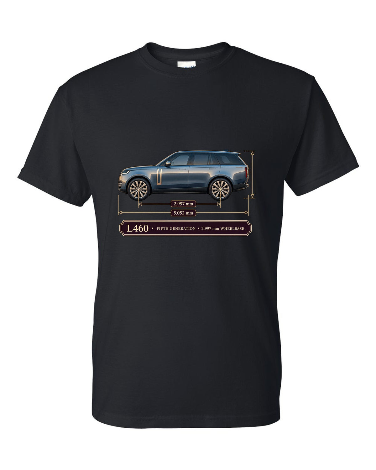Dimension blueprint print of the Range Rover L460 fifth generation with wheelbase black t-shirt front view with the design