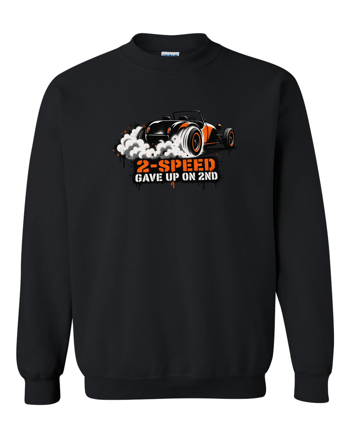 Spray stencil street art print of a Tesla Roadster Gen 1 reading 2-Speed Gave Up on 2nd black crewneck front view with the design