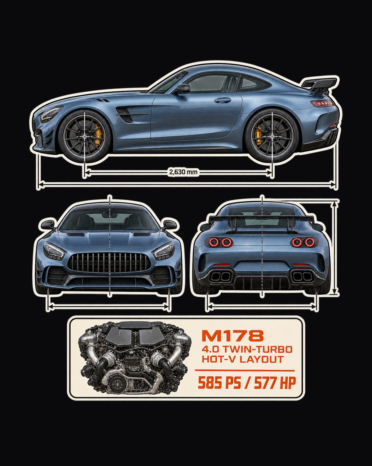 Mercedes-AMG GT R C190 Dimension Blueprint Shirt, M178 V8 design only