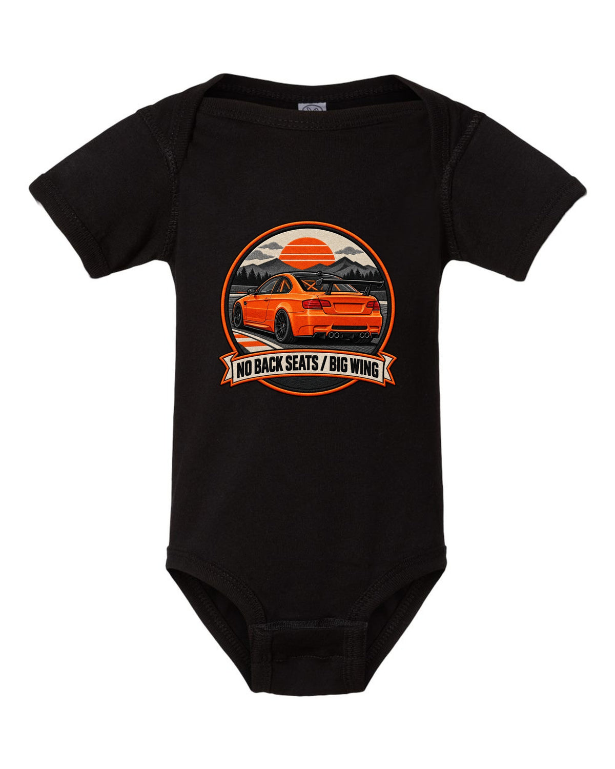 BMW E92 M3 GTS crest print with no back seats big wing text black baby onesie front view with the design