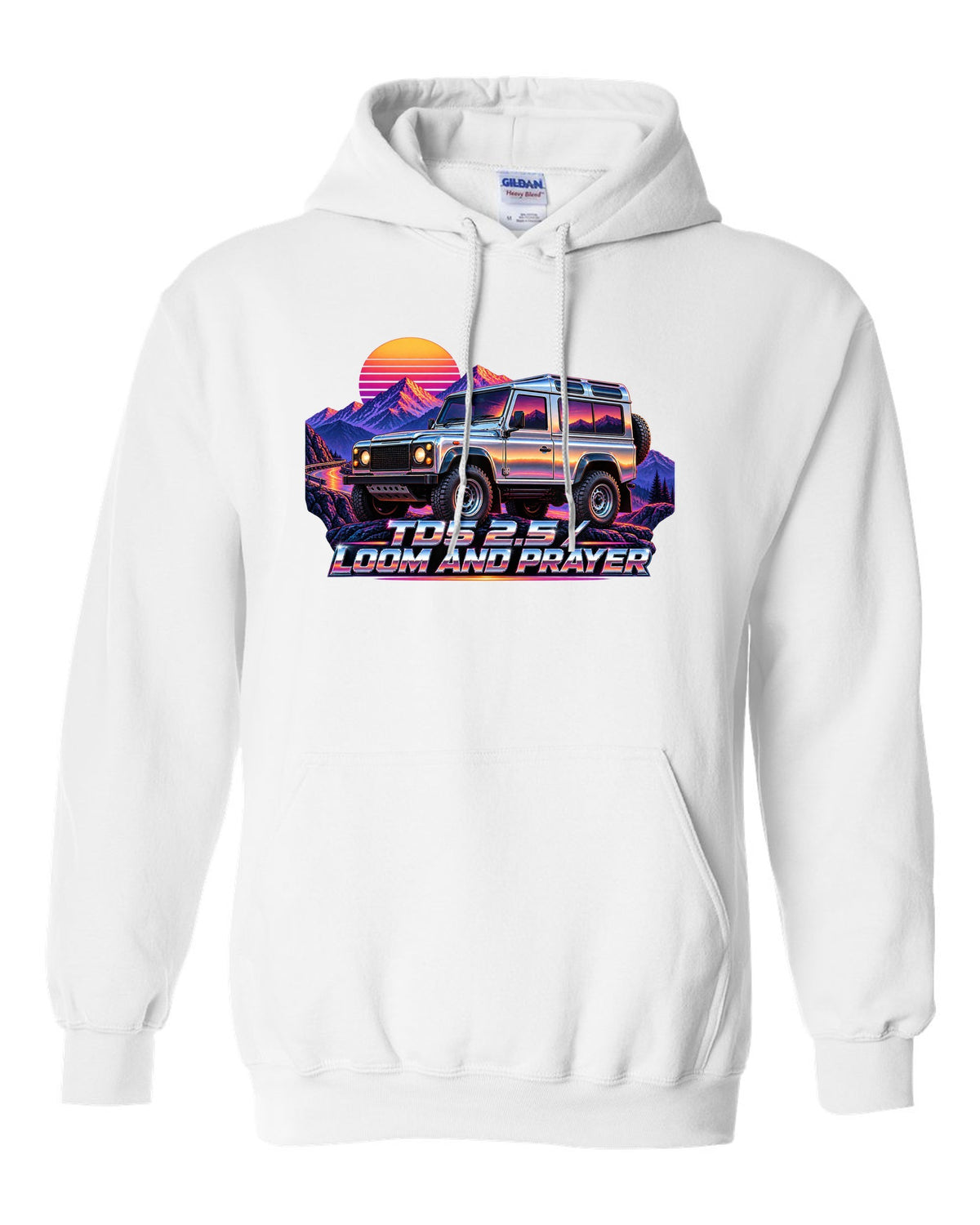 80s airbrush chrome art of a Land Rover Defender 110 Td5 on a sunset mountain pass white pull over hoodie front view with the design