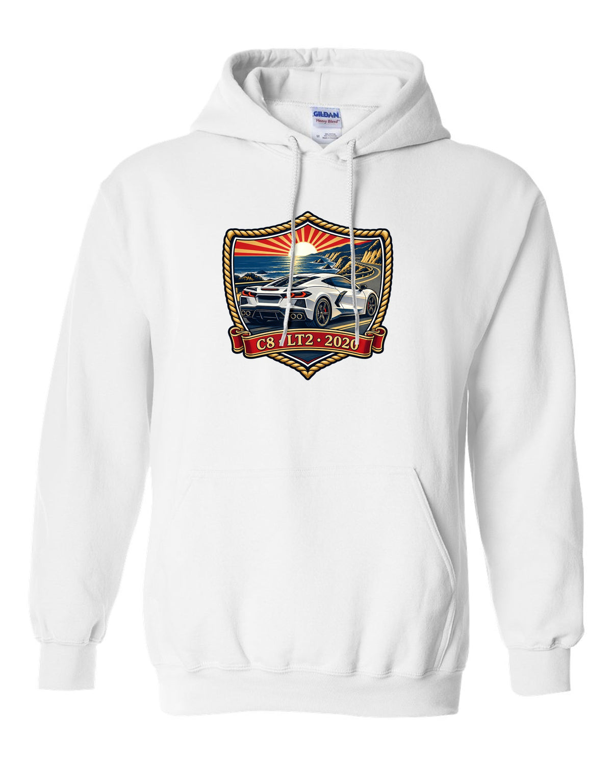 Shield crest design of a 2020 C8 mid-engine Corvette Stingray white pull over hoodie front view with the design