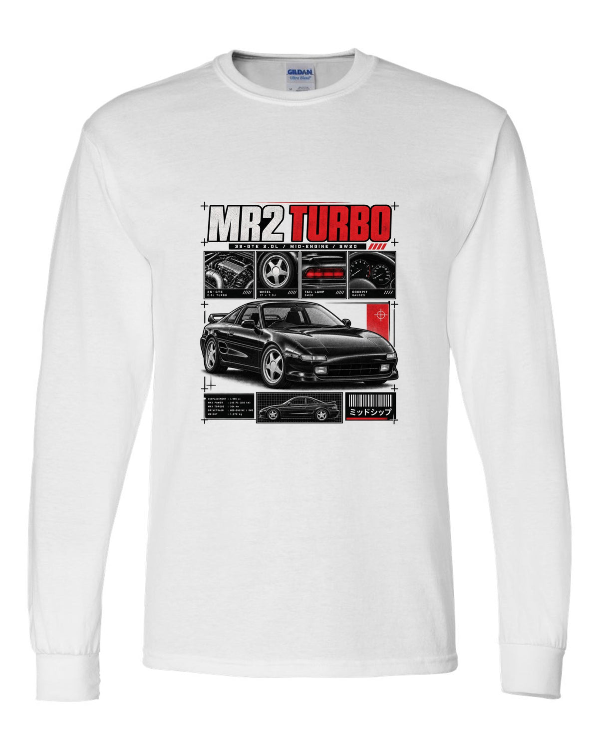 print of a Toyota MR2 SW20 Turbo in dossier panels with 3S-GTE 2.0L and mid-engine text white long sleeve front view with the design