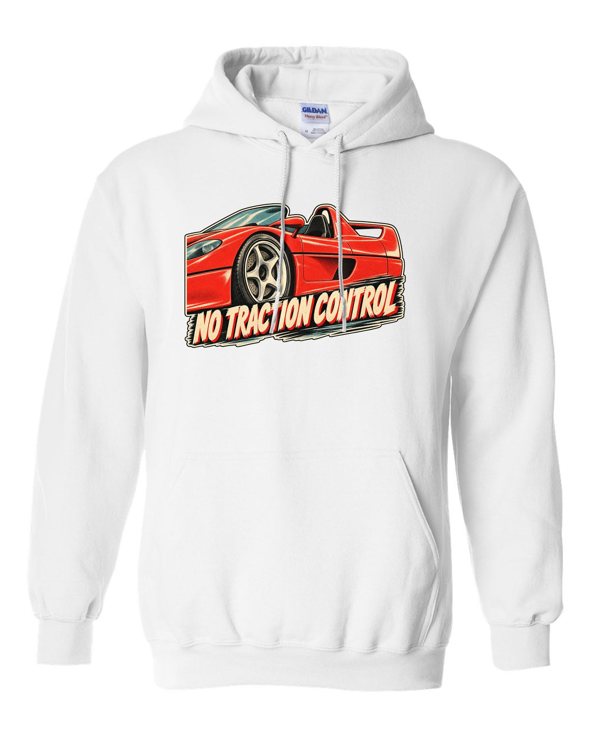 Retro Japanese showa advert style print of a 1995 Ferrari F50 F130 with no traction control text white pull over hoodie front view with the design