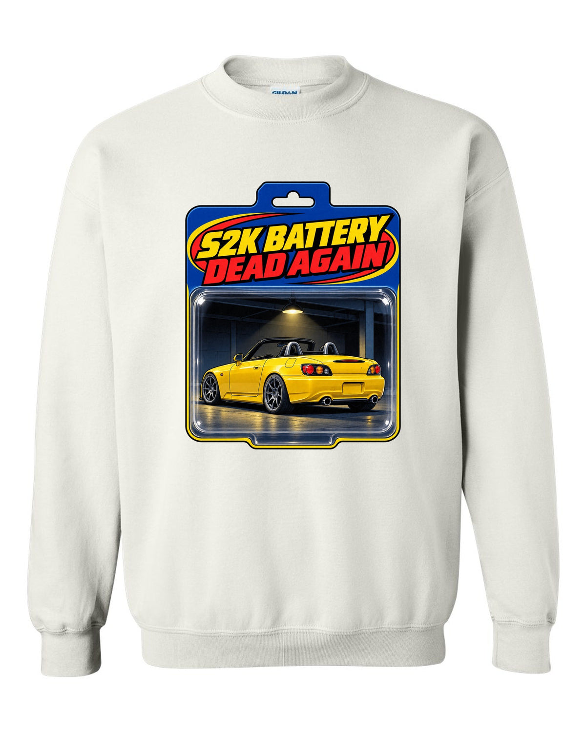 Toy blister card print of a 2004 Honda S2000 AP2 roadster with S2K battery dead again text white crewneck front view with the design
