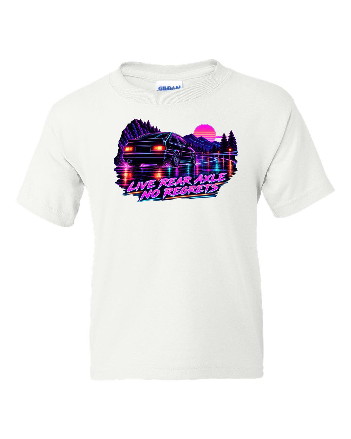Neon synthwave line art print of a Toyota Corolla Levin AE86 with Live Rear Axle lettering white kids tee front view with the design