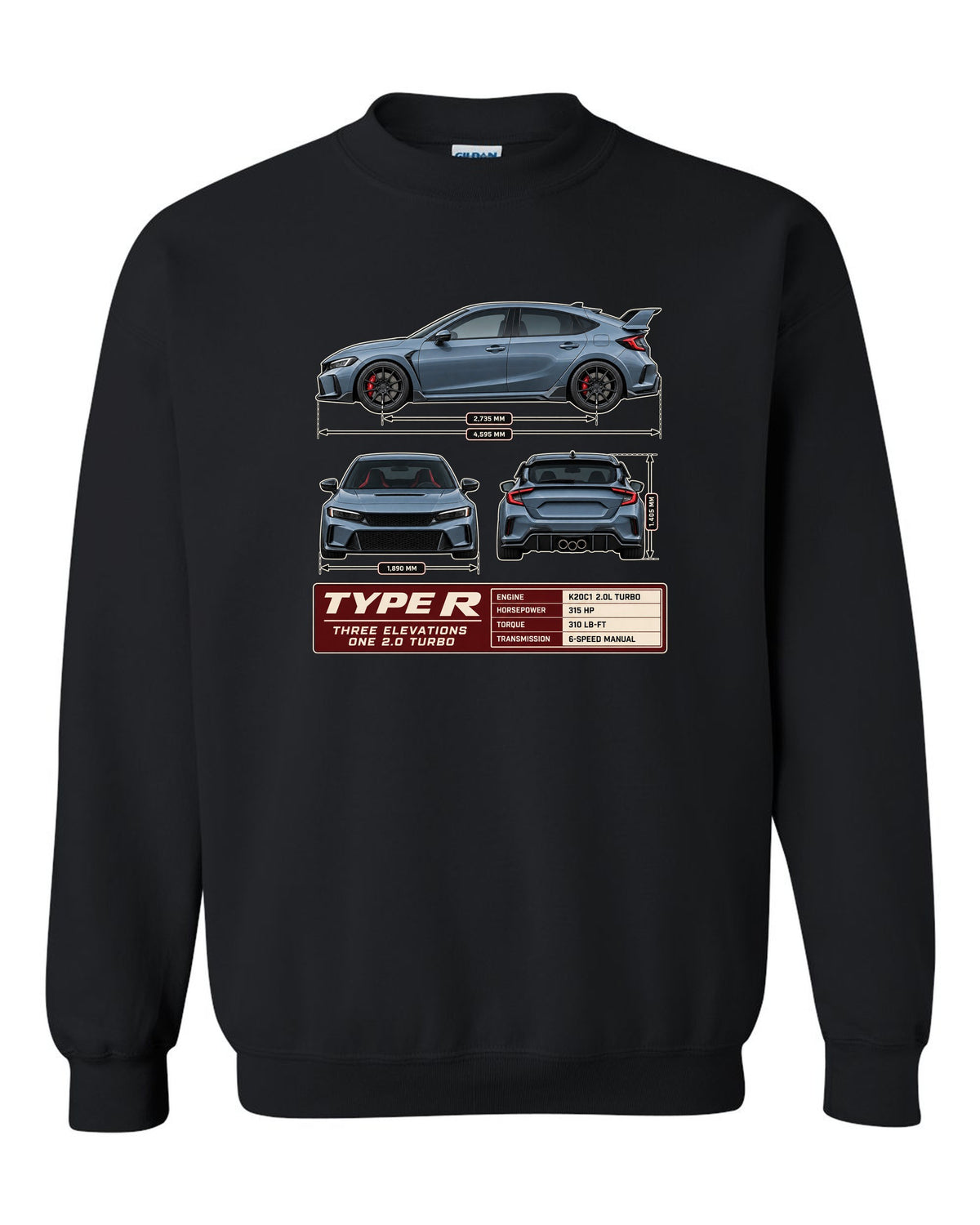 Civic Type R FL5 Three-View Spec Sheet Tee for Car Guys black crewneck front view with the design