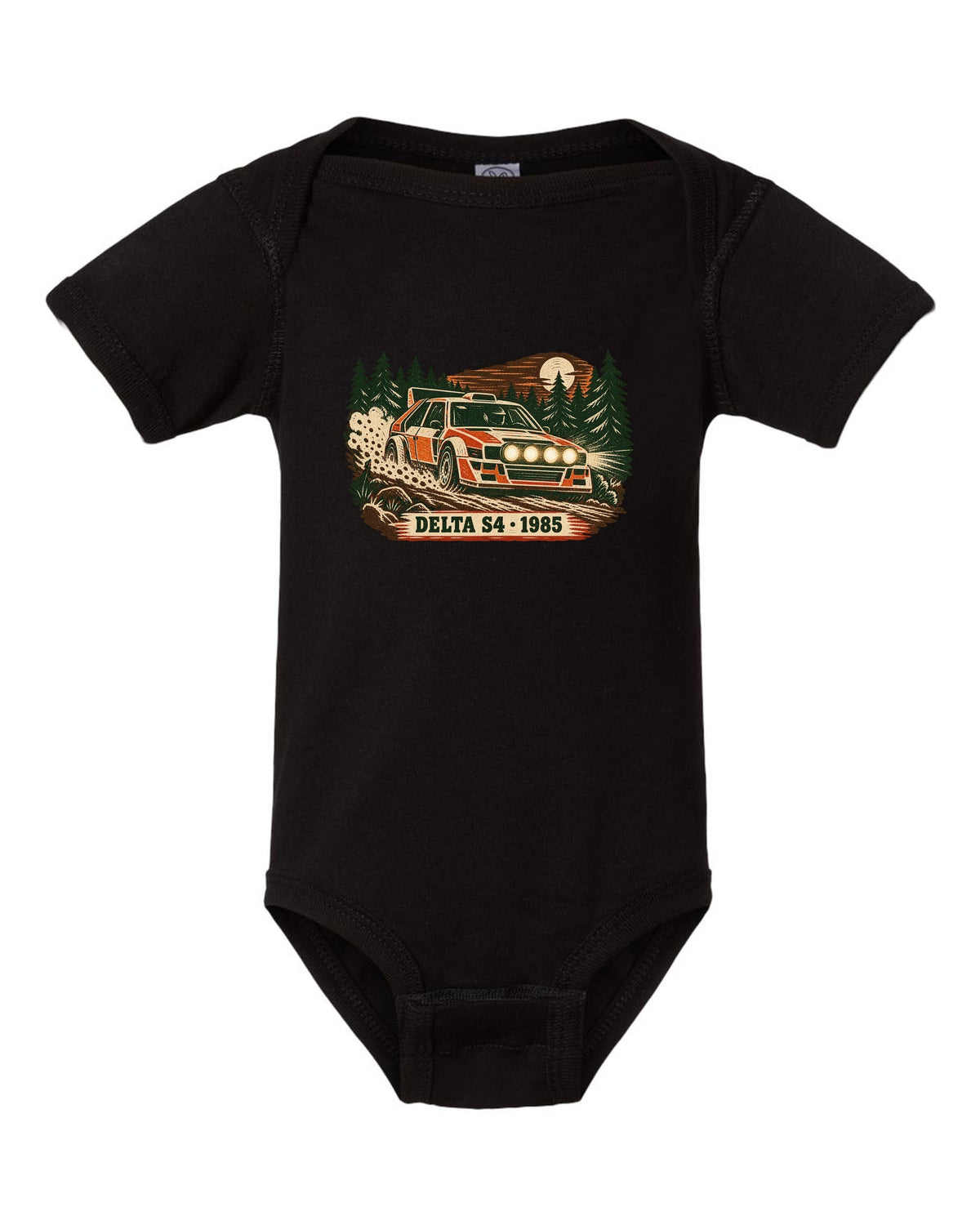 Multi-block linocut print of a 1985 Lancia Delta S4 on a forest rally stage black baby onesie front view with the design