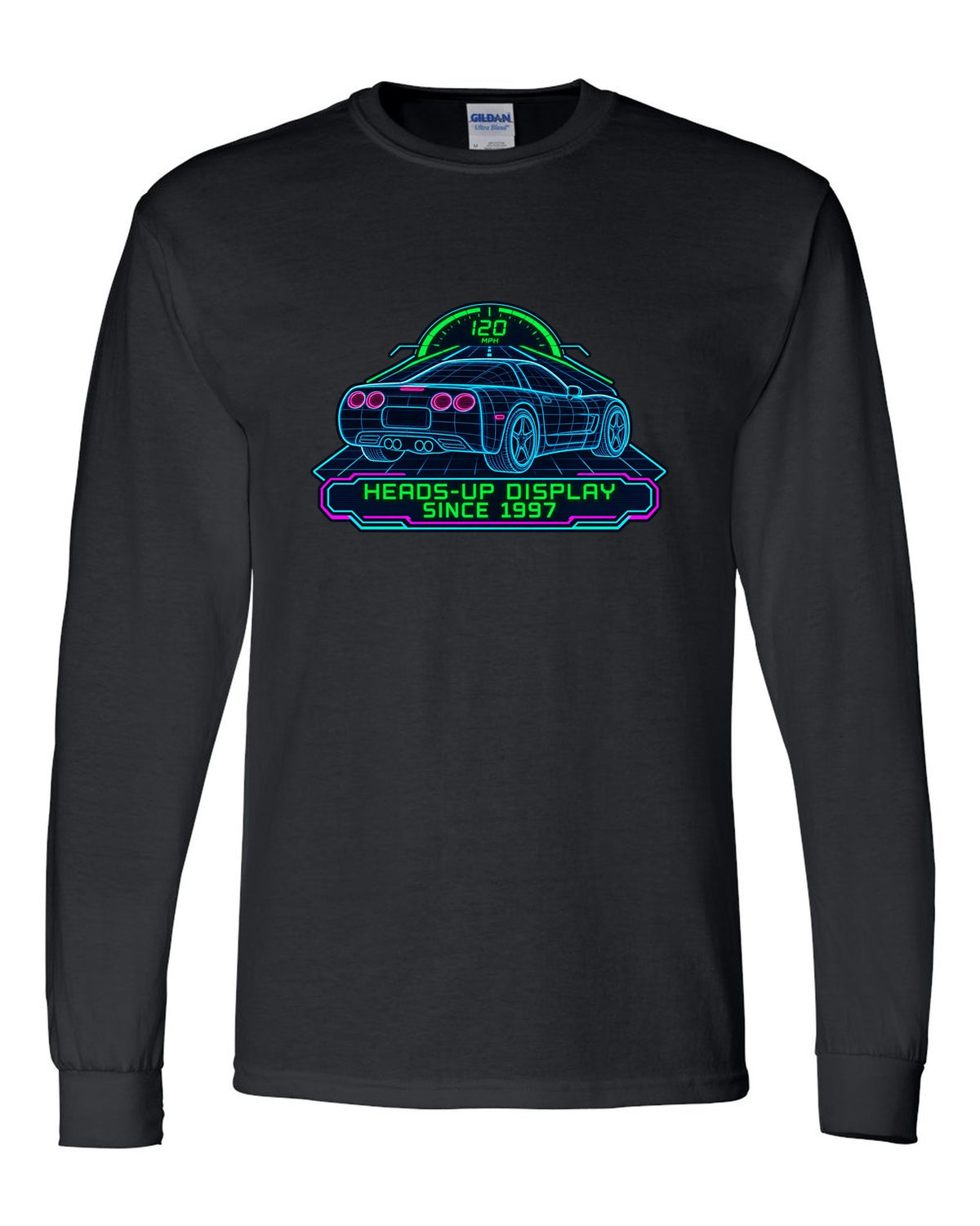 Hand-drawn doodle print of a 2020 Chevrolet Corvette C8 Stingray with heads-up display since 1997 lettering black long sleeve front view with the design