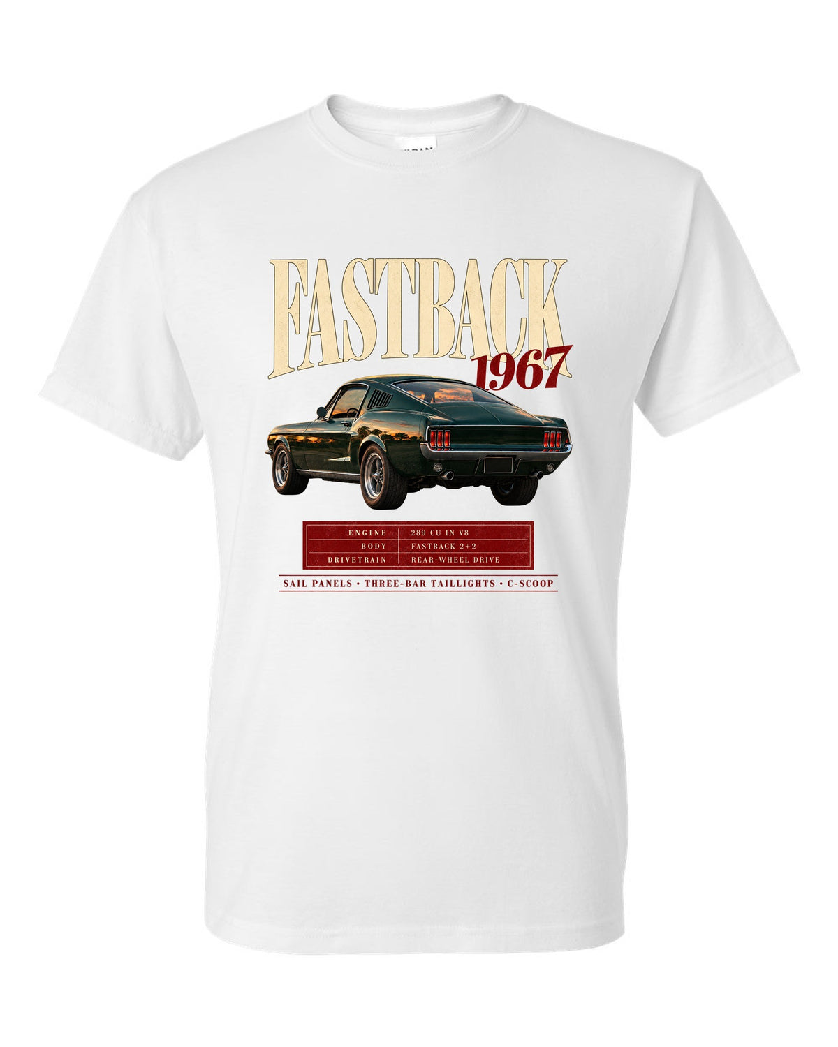 Archive panel illustration of a 1967 Ford Mustang fastback with 289 V8 spec callouts white t-shirt front view with the design