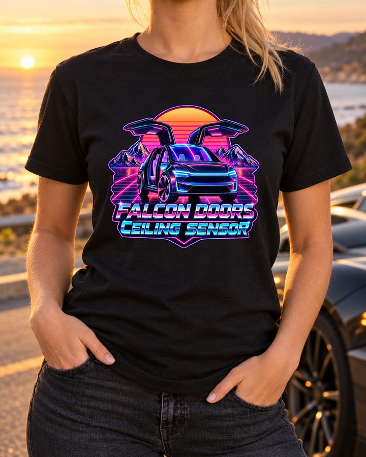 Falcon Doors Synthwave Outrun Tee, Tesla Model X 2022 T-Shirt Black worn hero