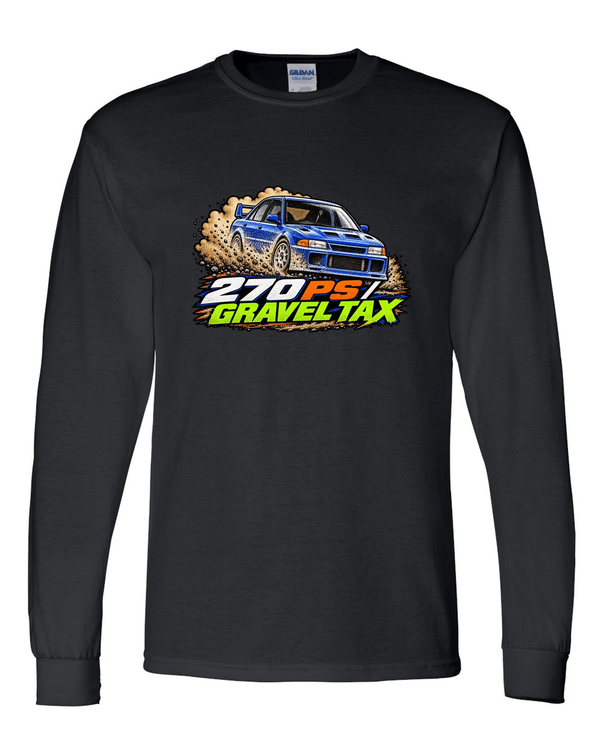 Mitsubishi Lancer Evolution III CE9A in grainy 90s rally magazine halftone, 270 PS / GRAVEL TAX black long sleeve front view with the design