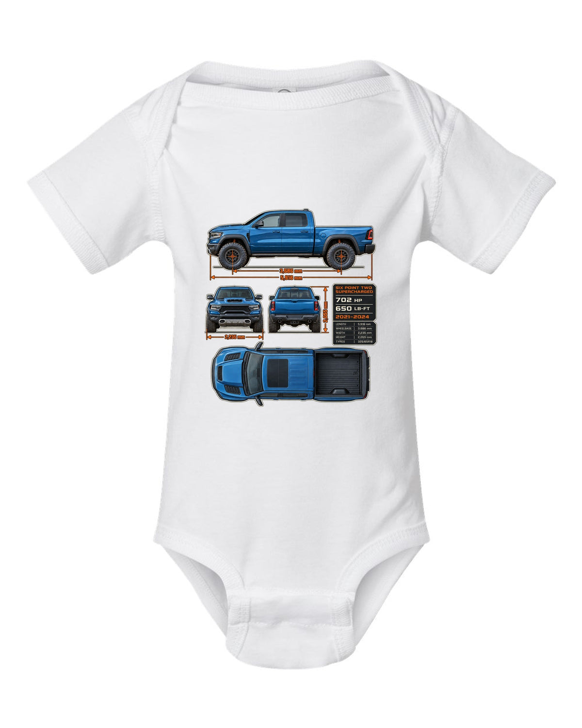 Ram 1500 TRX 2021-2024 dimension blueprint plate print white baby onesie front view with the design