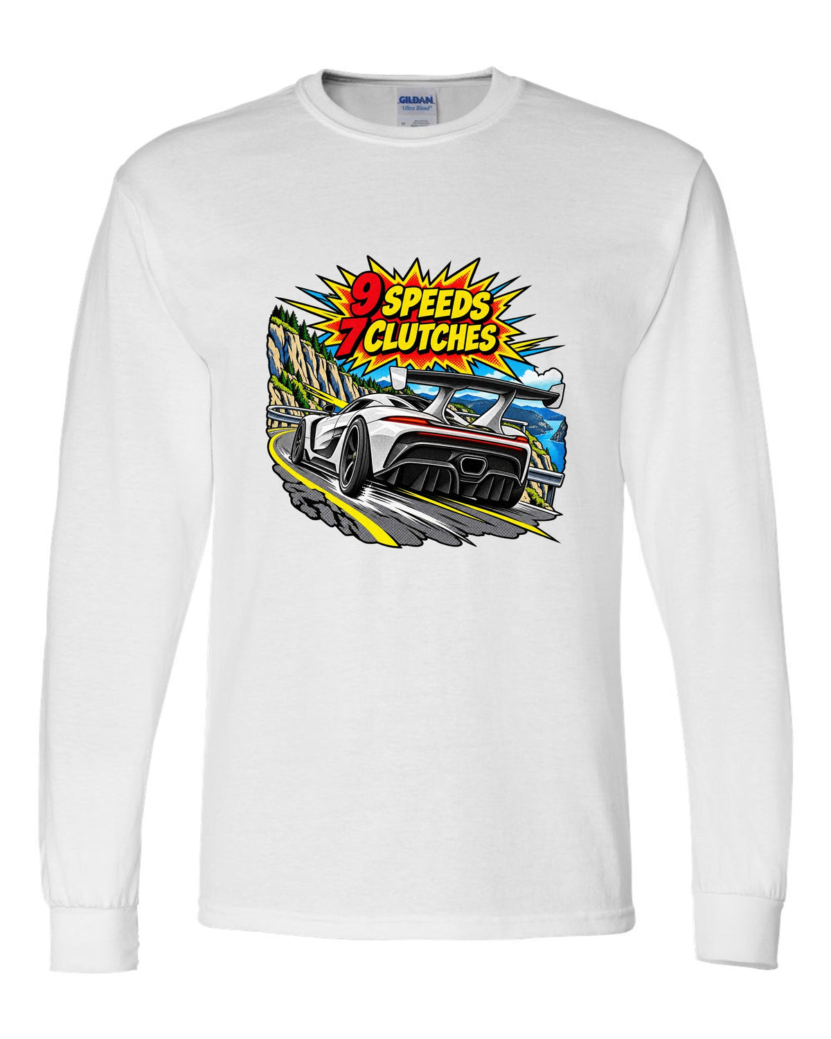 Comic halftone pop art print of a Koenigsegg Jesko with 9 speeds and 7 clutches lettering white long sleeve front view with the design