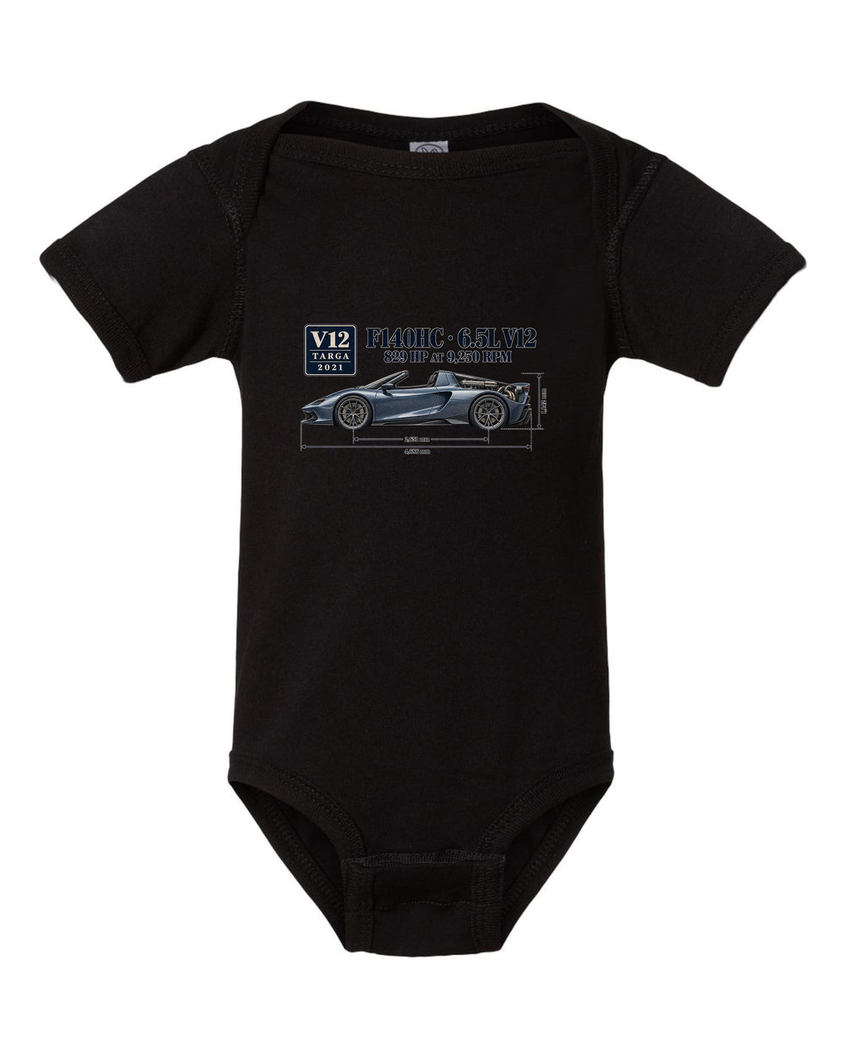 Ferrari Daytona SP3 dimension blueprint print with F140HC 6.5L V12 black baby onesie front view with the design