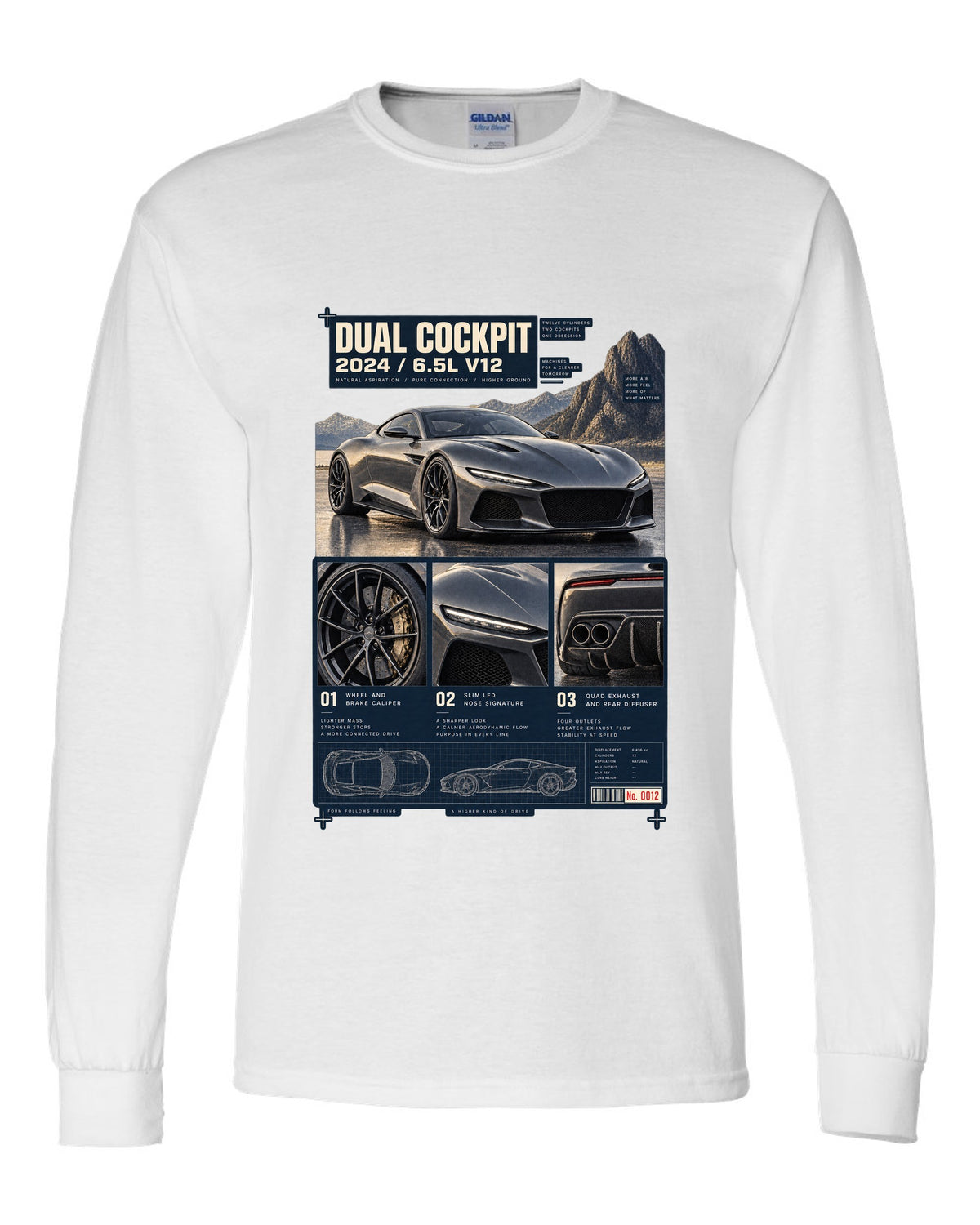 Dossier panel print of the Ferrari 12Cilindri with cockpit and V12 text white long sleeve front view with the design