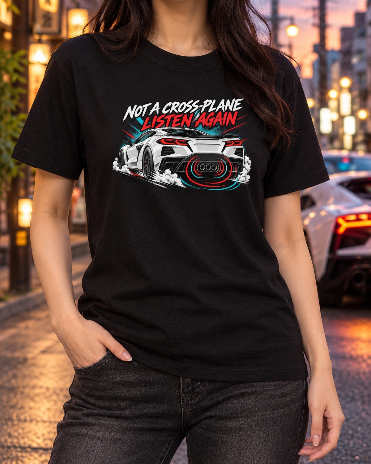 Corvette C8 ZR1 Not A Cross-Plane Vent Crest print Tee T-Shirt Black worn hero