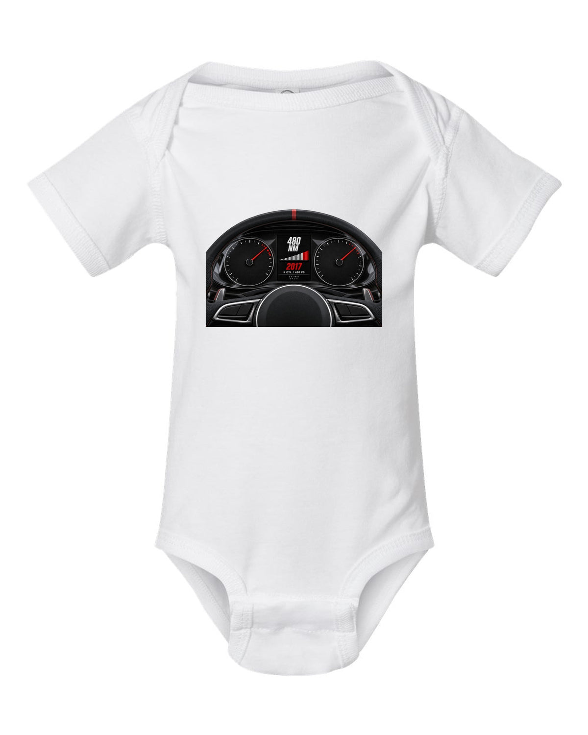 Audi RS3 8V instrument cluster gauge design with 5 cyl 400 PS text white baby onesie front view with the design