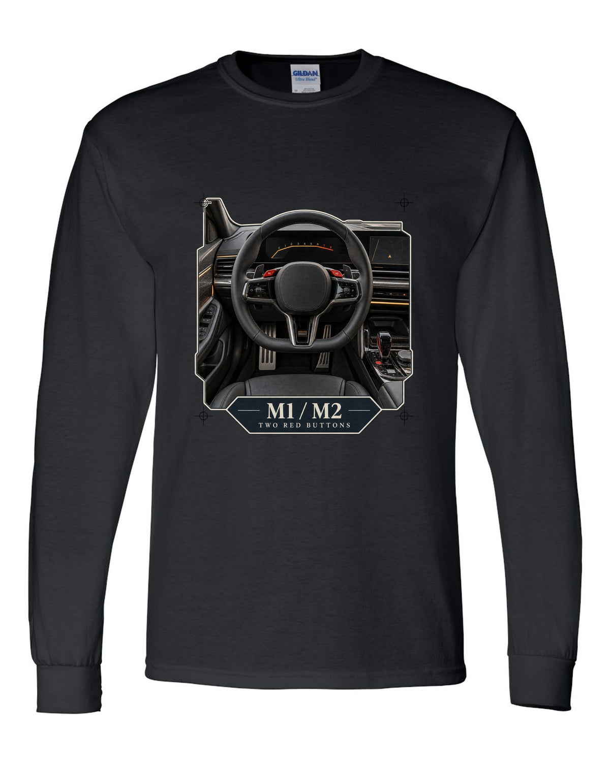 BMW M5 G90 cockpit and gauge cluster print on a tee black long sleeve front view with the design
