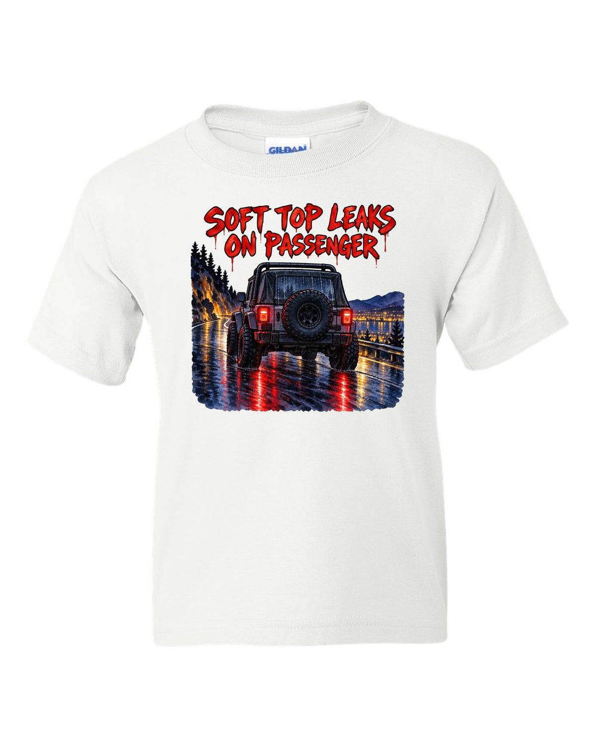 Watercolour wet-road night print of a Jeep Wrangler YJ taillights with soft top text white kids tee front view with the design