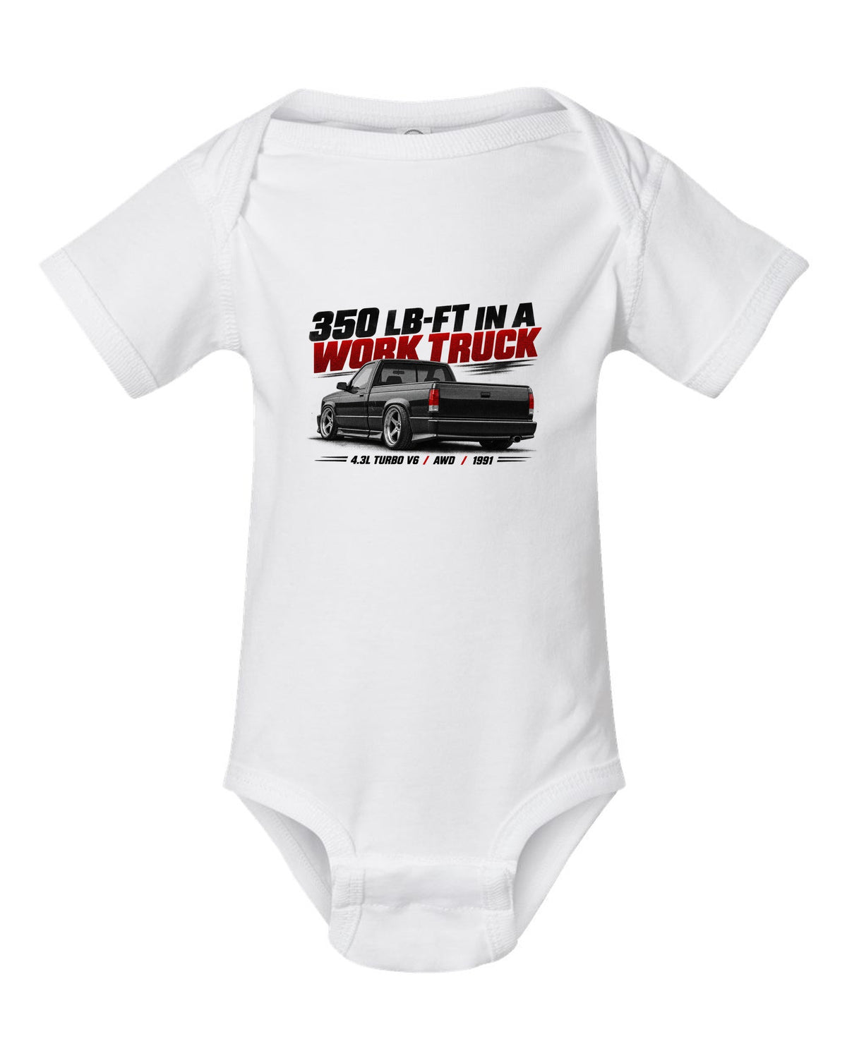 Halftone print of a 1991 GMC Syclone in a low rear three-quarter view white baby onesie front view with the design