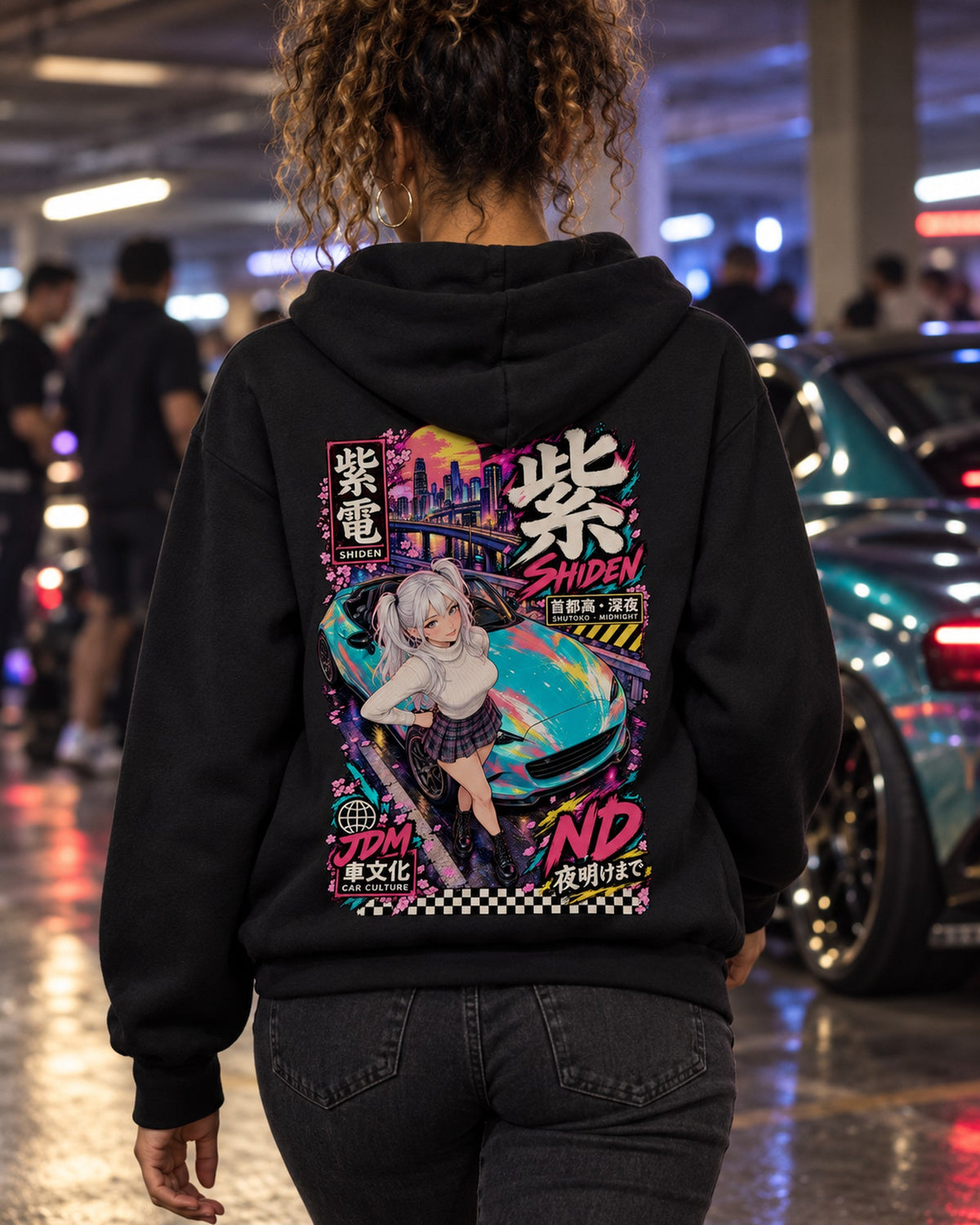 SHIDEN ND Anime Girl Full-Back Graphic Tee Pull Over Hoodie Black worn hero