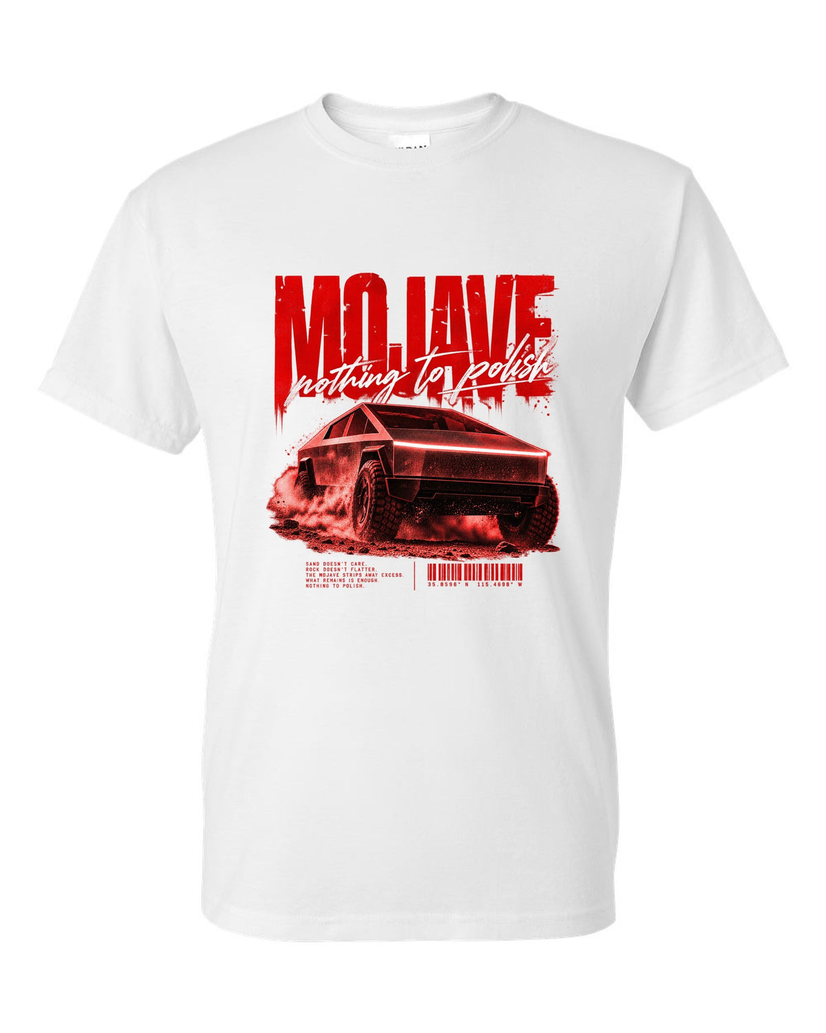 Tesla Cybertruck low front three-quarter on a Mojave desert road street poster white t-shirt front view with the design