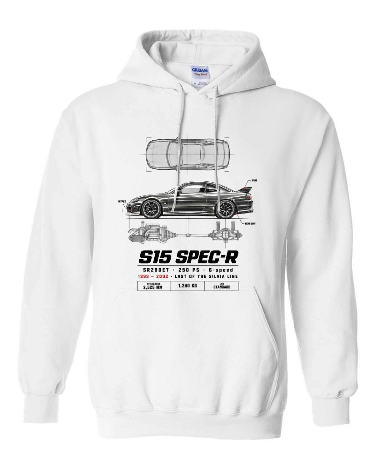 Spec poster print of a Nissan Silvia S15 Spec-R top-down profile with SR20DET data white pull over hoodie front view with the design