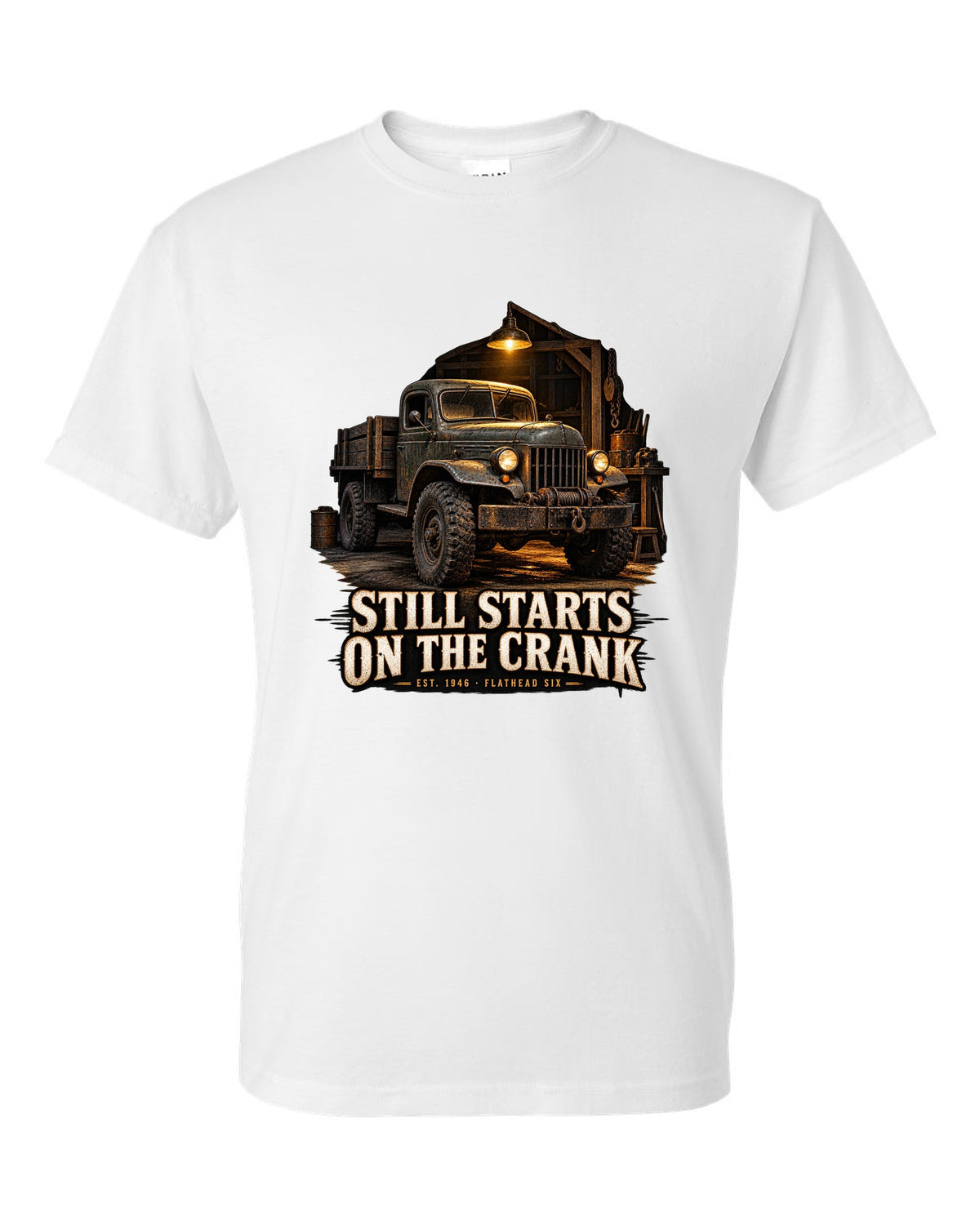 Garage night print of a 1946-1960s Dodge Power Wagon flat fender with starts on the crank text white t-shirt front view with the design