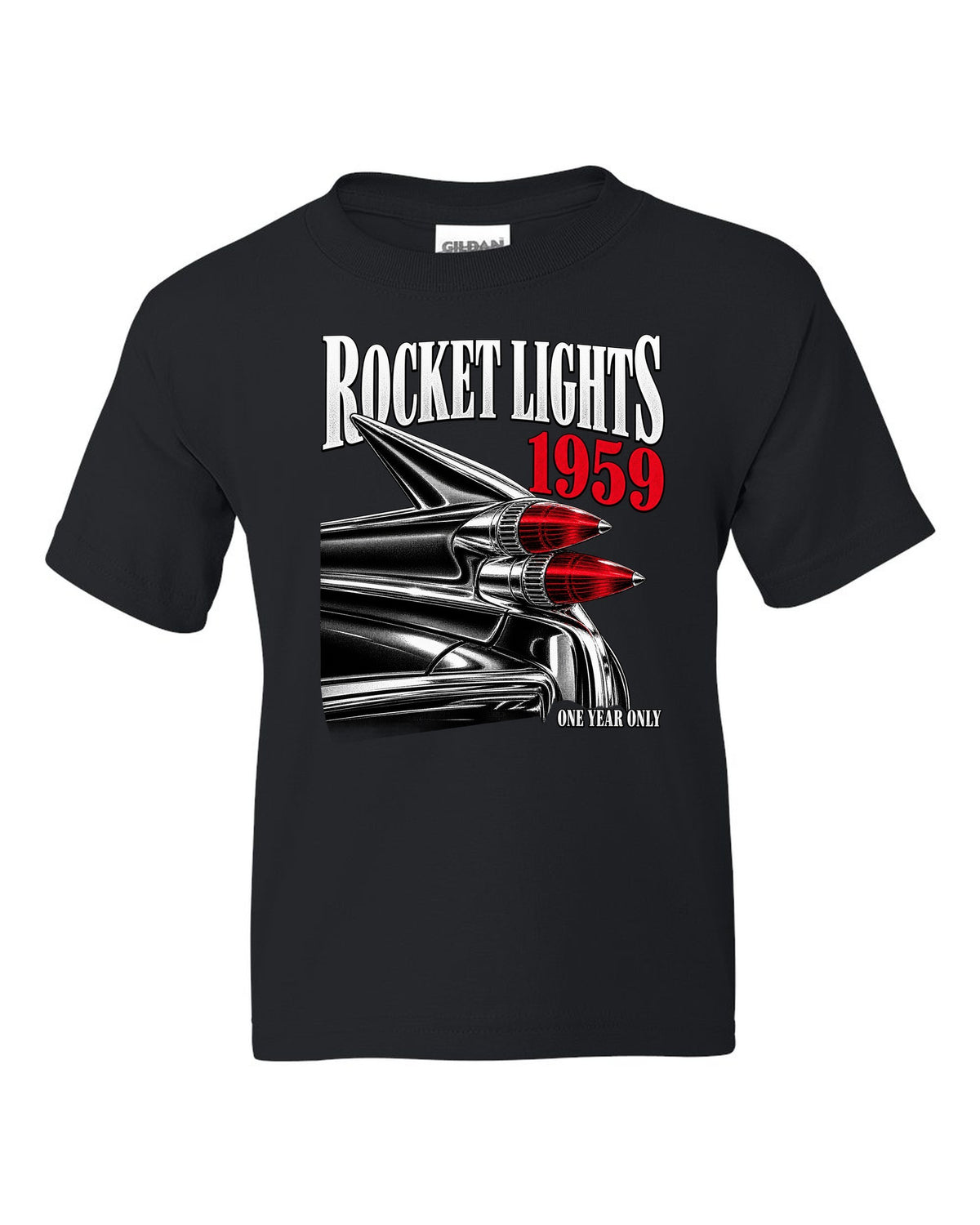 print macro of the rocket taillights on a 1959 Cadillac Series 62 Coupe de Ville black kids tee front view with the design