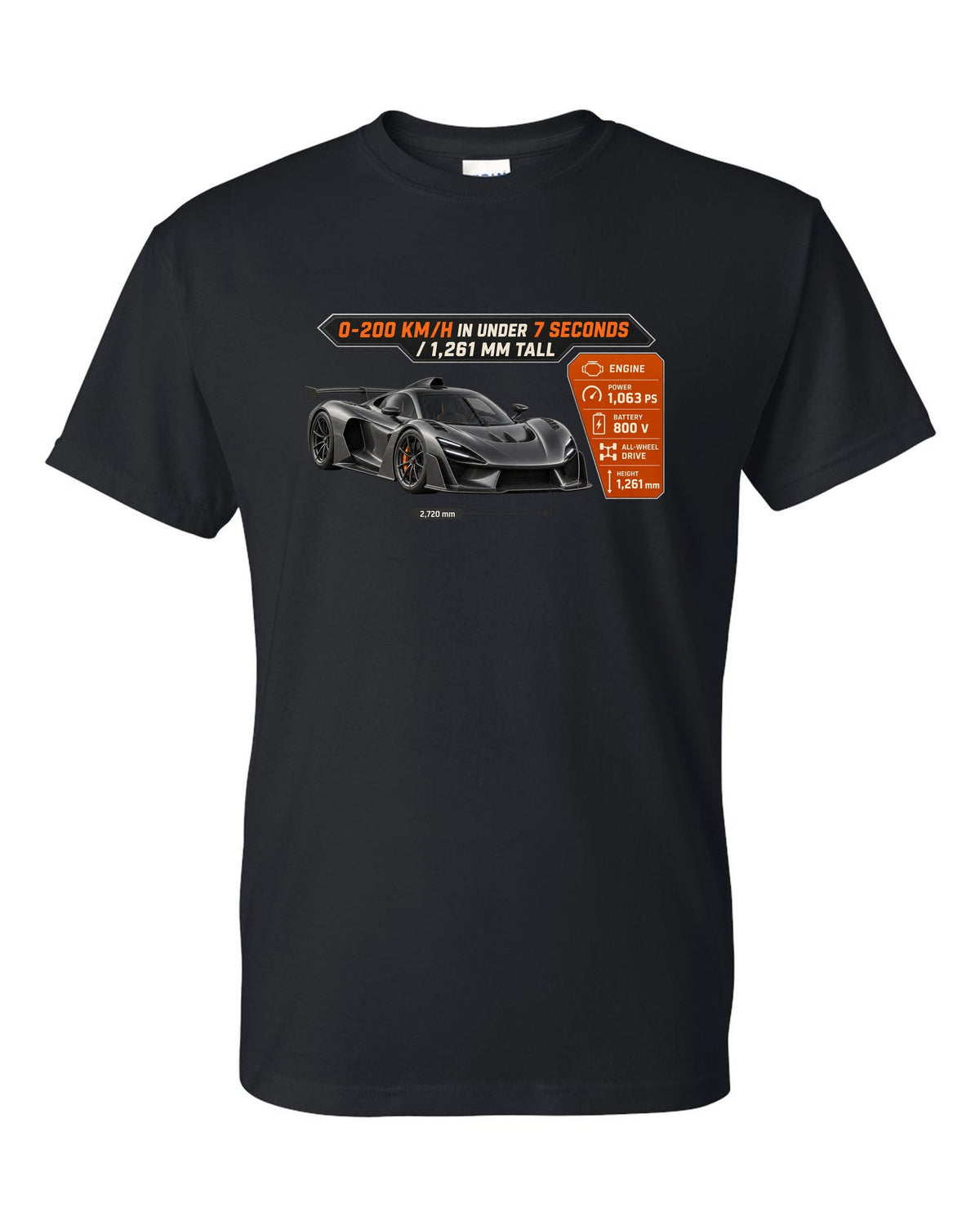 Mercedes-AMG One spec poster design with acceleration and height figures black t-shirt front view with the design