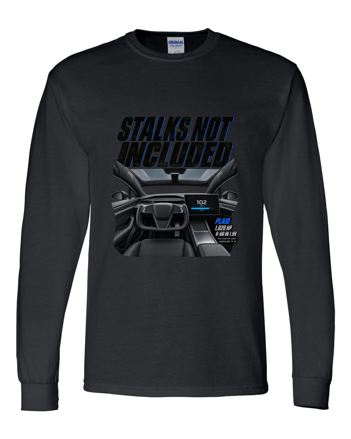 Cockpit print of a 2021 Tesla Model S Plaid Palladium with yoke and landscape screen black long sleeve front view with the design