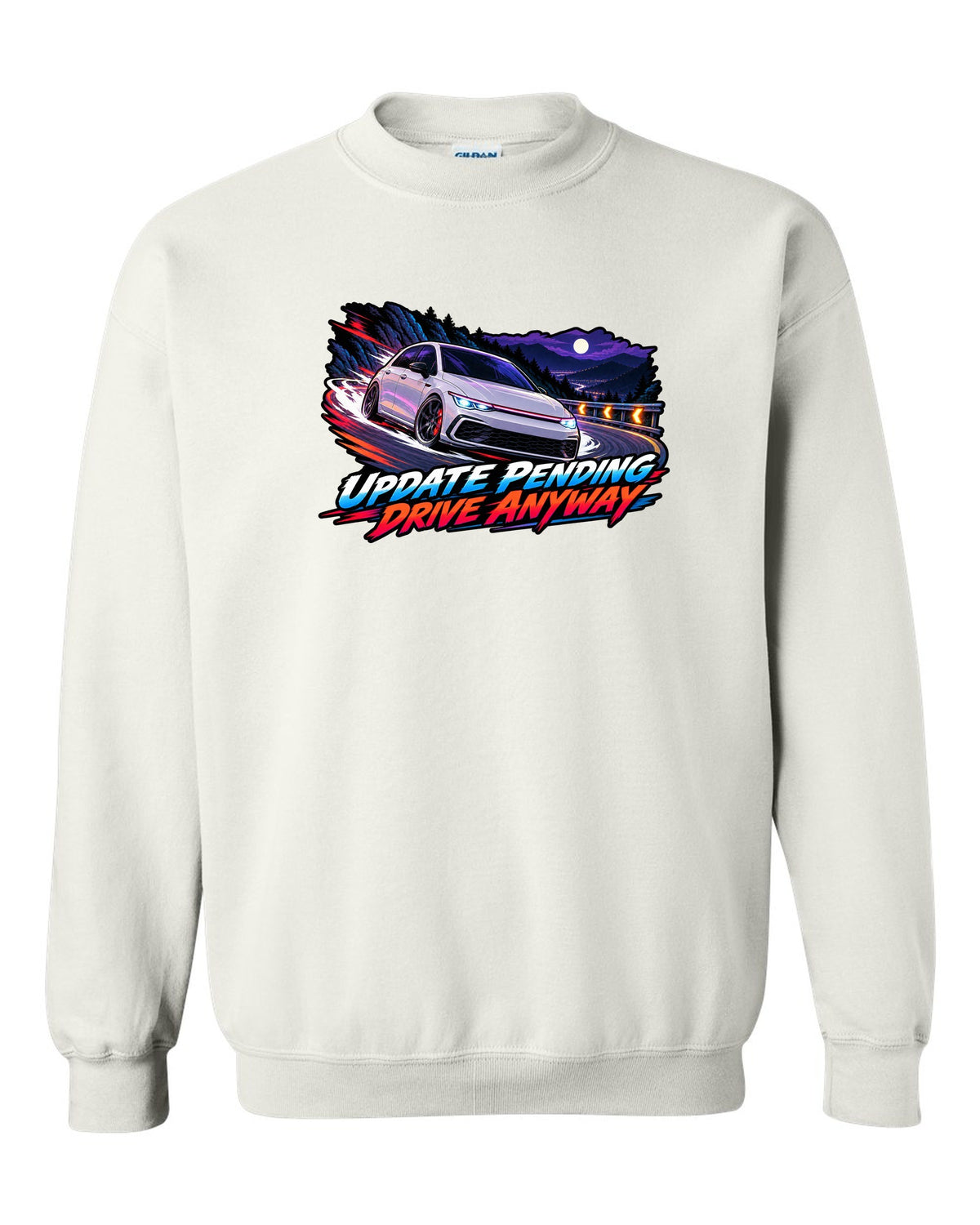 Cel-shaded anime night touge scene of a VW Golf Mk8 GTI with update pending drive anyway text white crewneck front view with the design