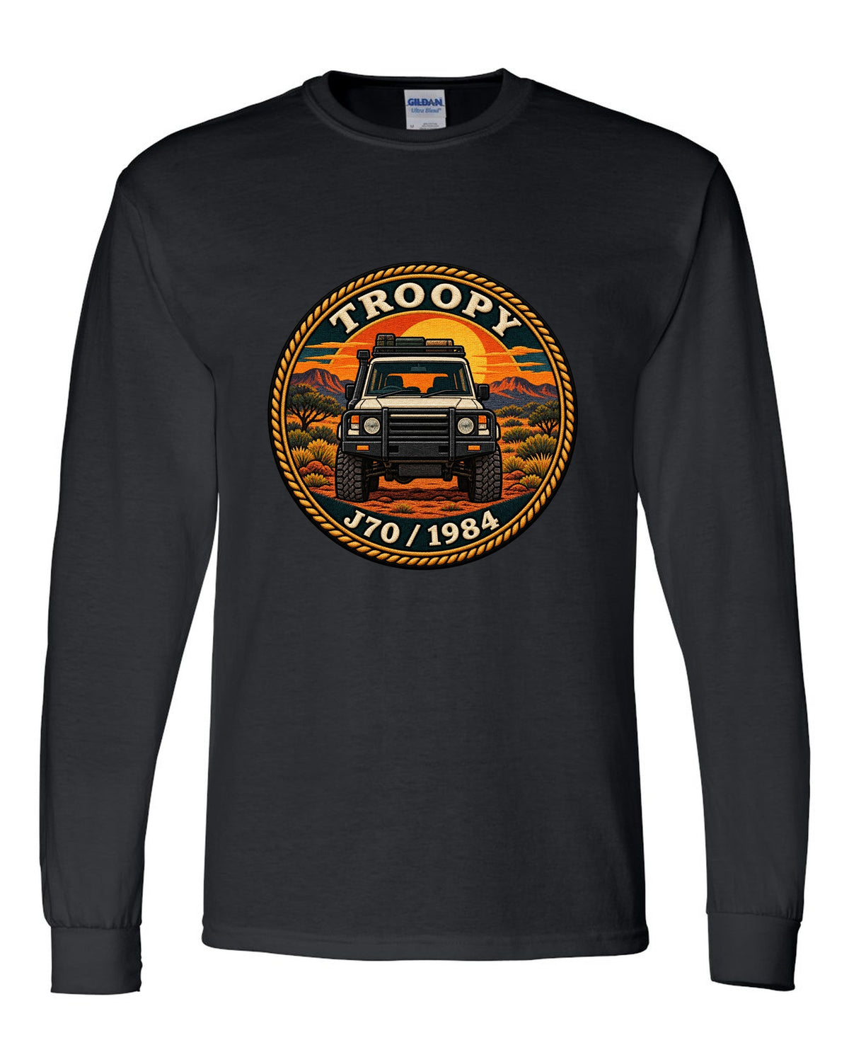 Sunset stamp patch crest of a Toyota Land Cruiser J70 troop carrier with the word Troopy black long sleeve front view with the design