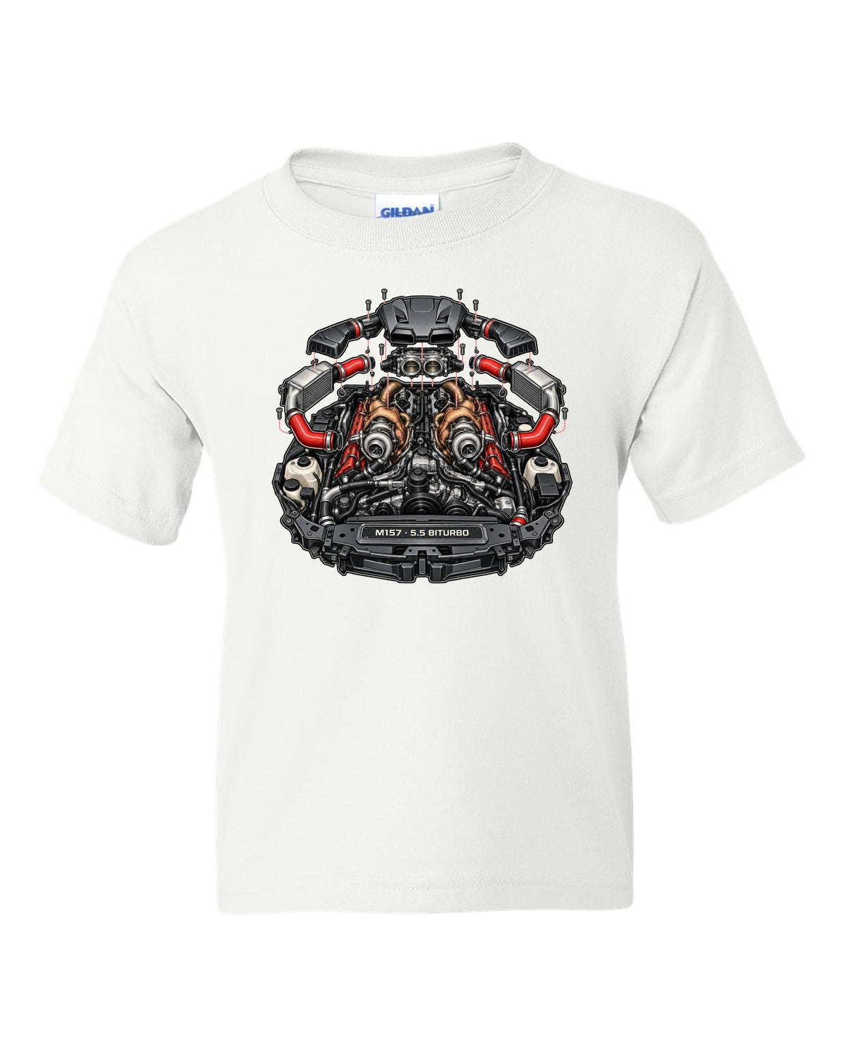Hand-painted anime mountain road with a Mercedes E63 AMG Wagon S213 drifting white kids tee front view with the design
