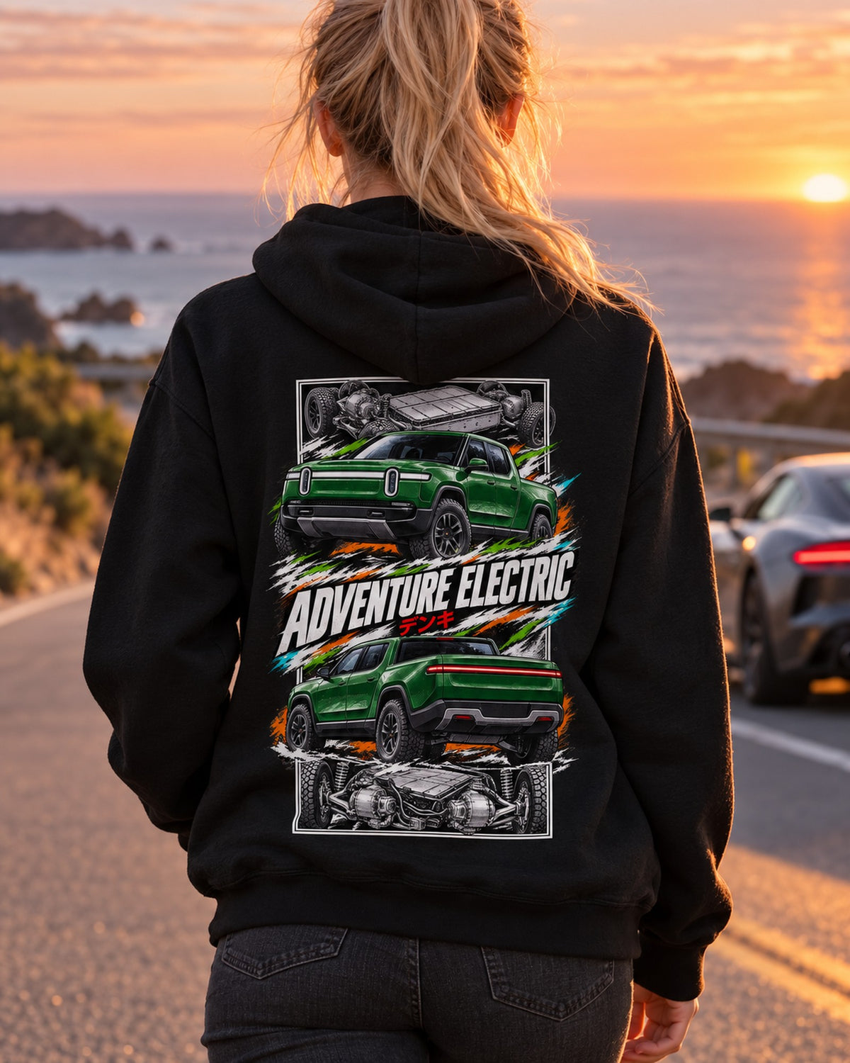 Rivian R1T Torn Poster Full-Back Graphic Tee Pull Over Hoodie Black worn hero