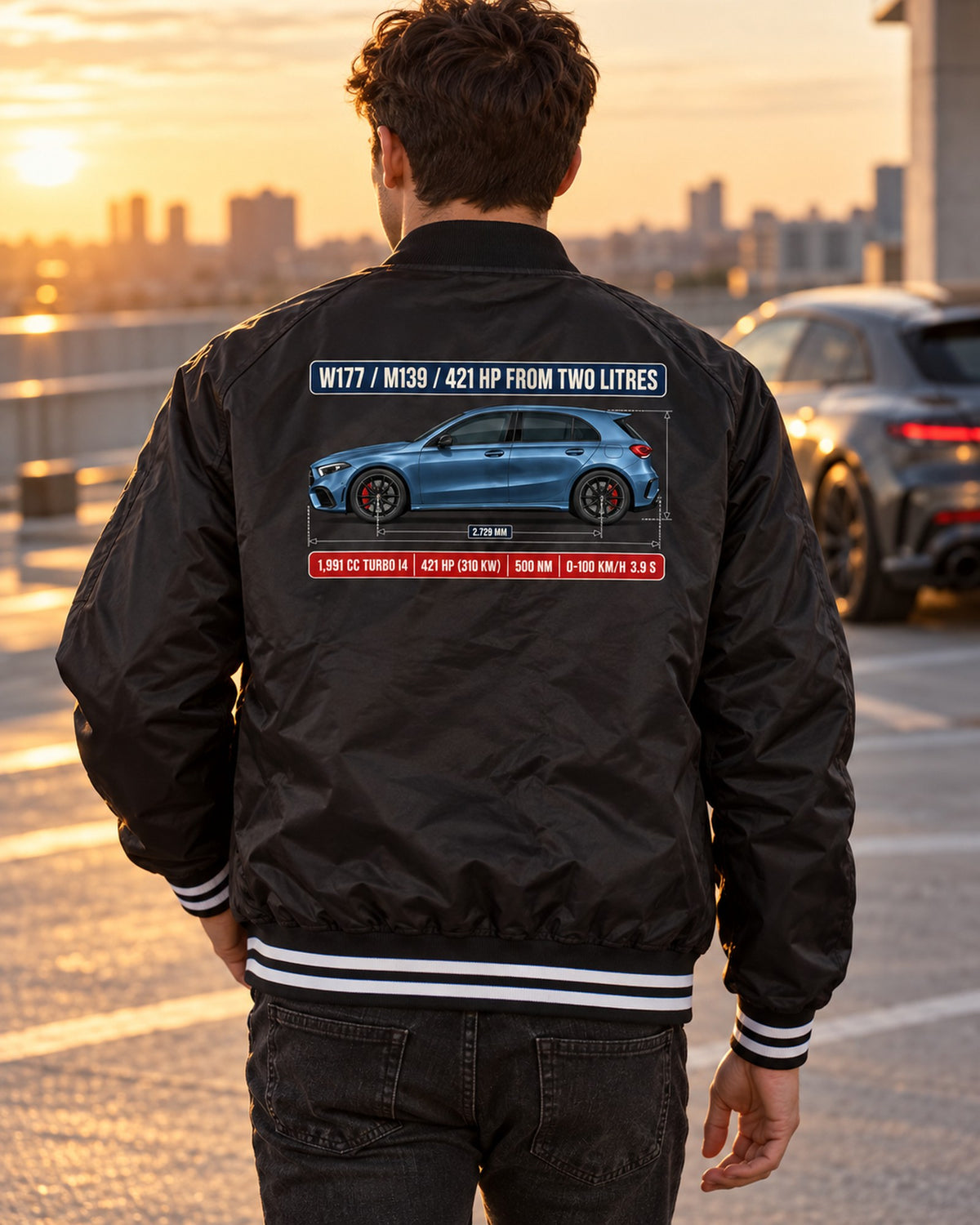 Mercedes-AMG A45 S W177 Dimension Blueprint Shirt Bomber Jacket Black worn hero