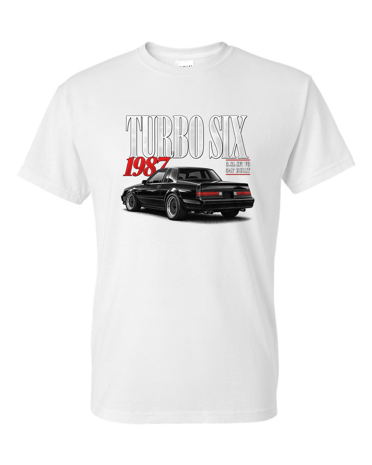 Editorial archive print for a 1987 Buick Regal Grand National GNX with turbo six text white t-shirt front view with the design