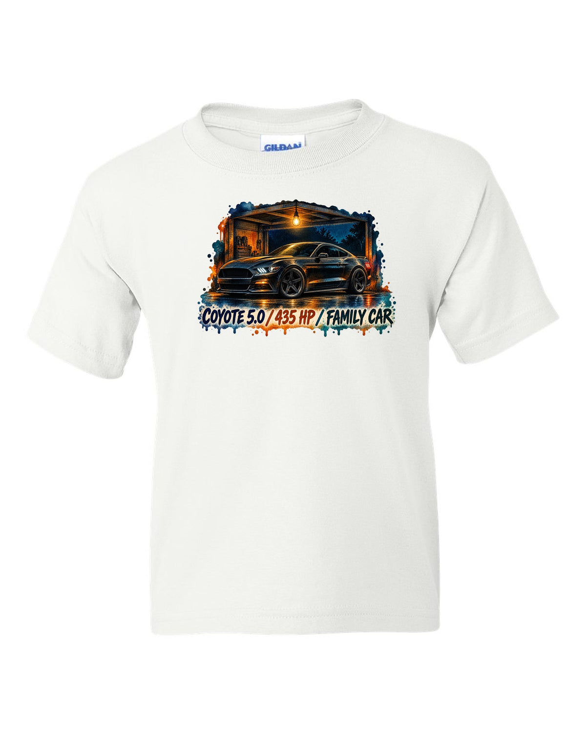 Watercolour night print of a Ford Mustang S550 GT with Coyote 5.0 435 HP family car text white kids tee front view with the design