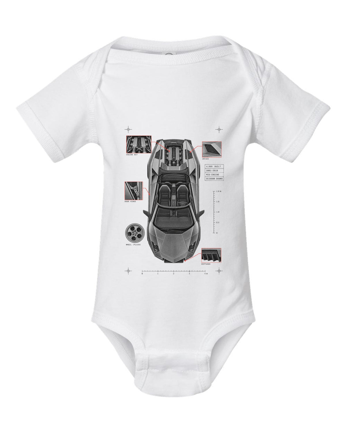 Spec poster print of a Lamborghini Murcielago LP640 Roadster with 4,099 built and scissor doors white baby onesie front view with the design