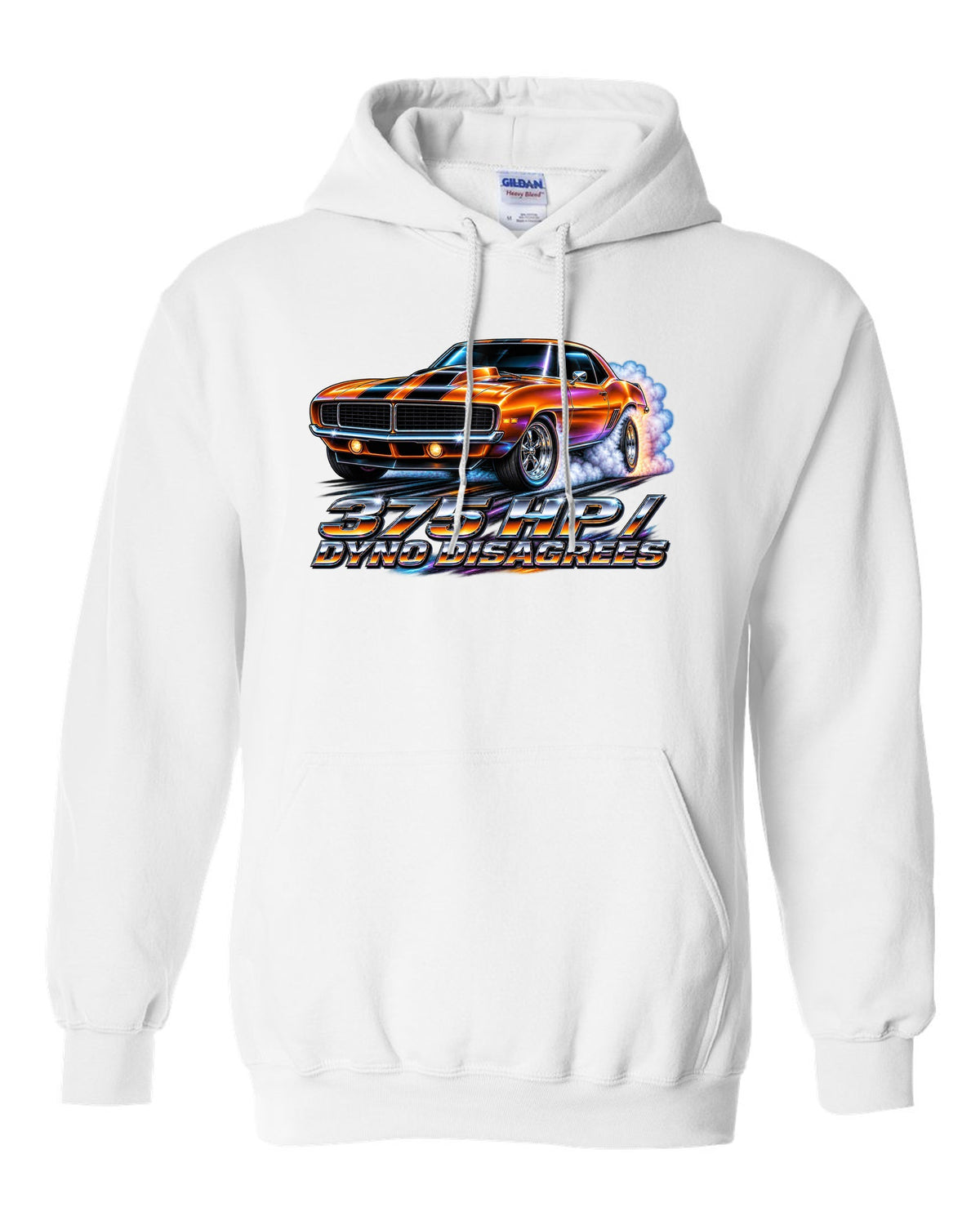1969 Camaro SS 396 doing a burnout in 80s airbrush chrome style with text 375 HP Dyno Disagrees white pull over hoodie front view with the design