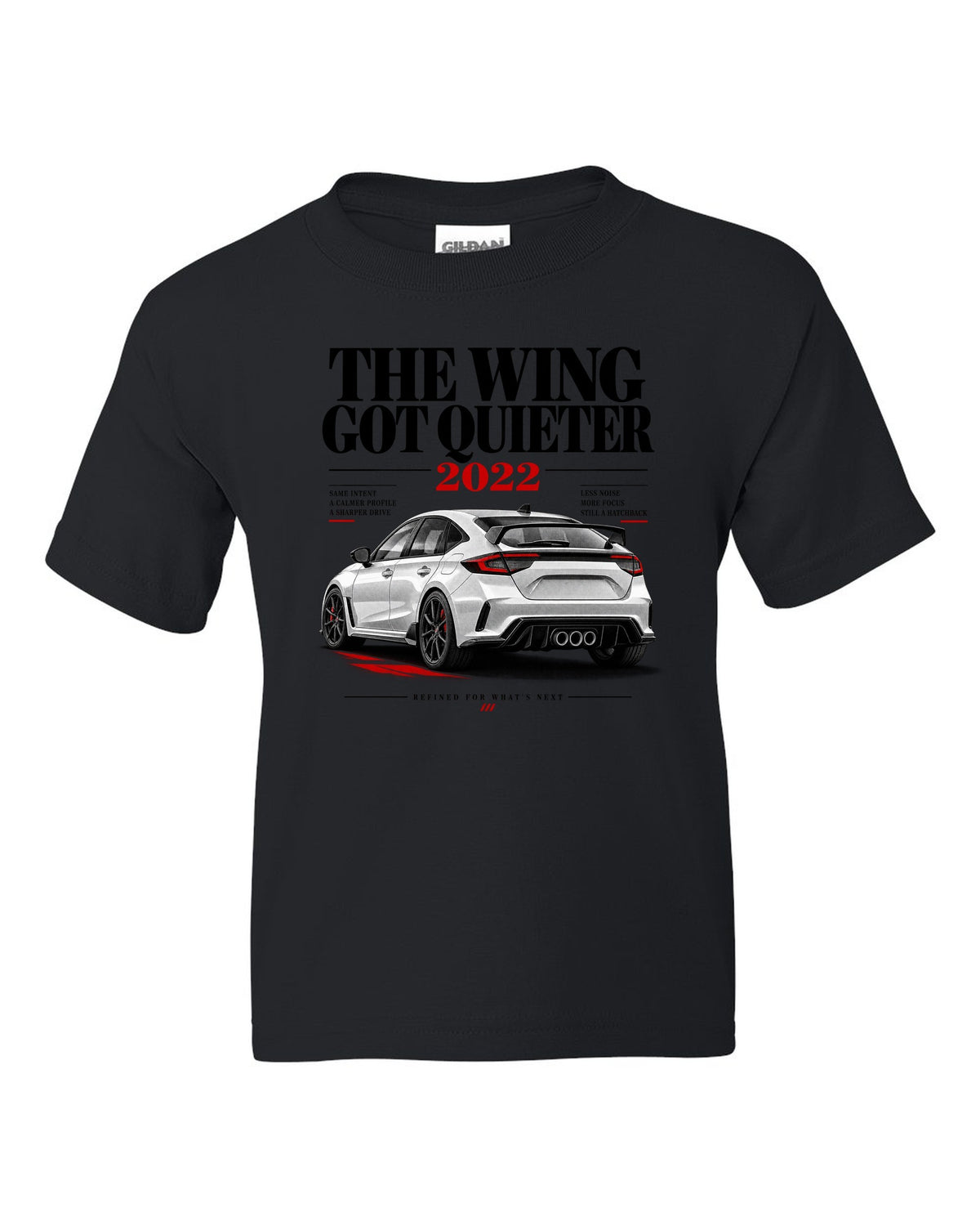 Honda Civic FL5 chback editorial headline design about the quieter rear wing black kids tee front view with the design