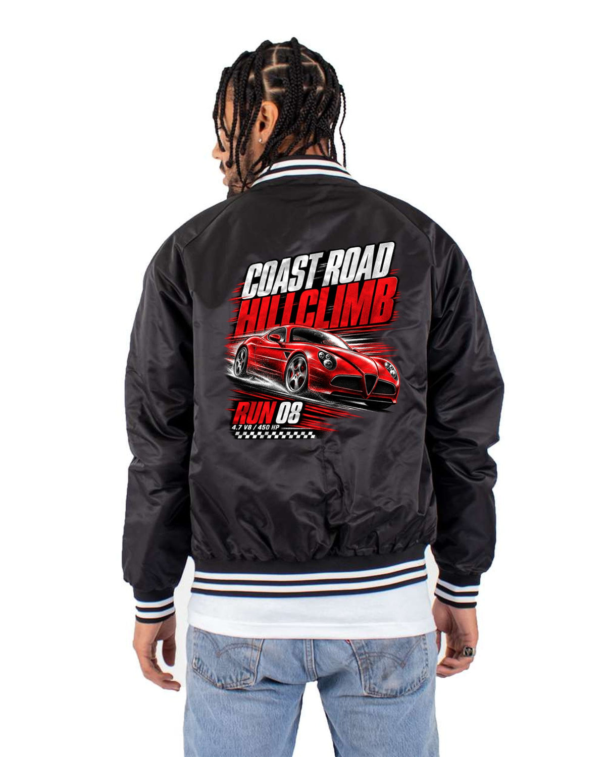 Alfa Romeo 8C Competizione Coast Road Hillclimb Poster Tee, Run 08 Bomber Jacket Black back