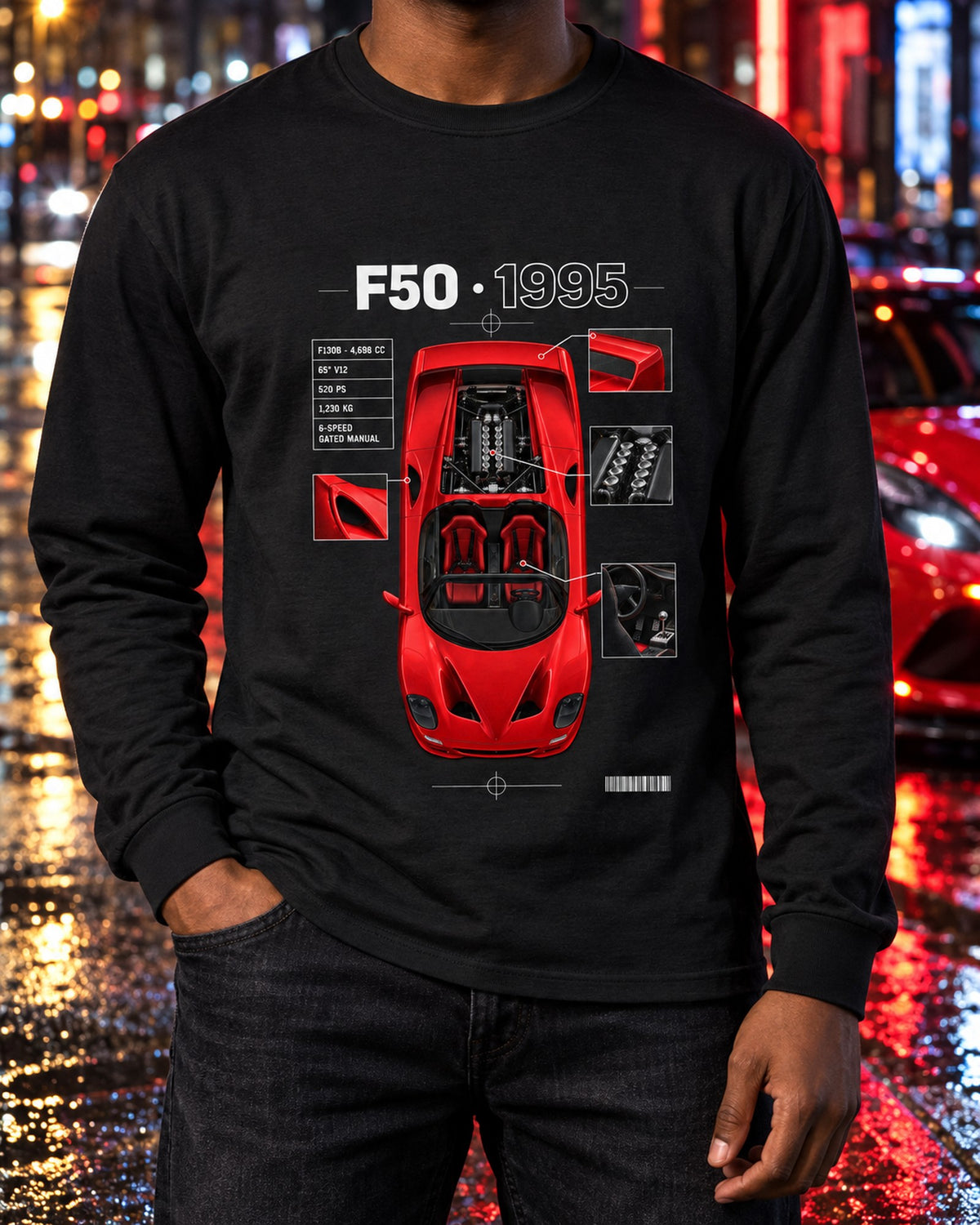 Ferrari F50 F130B Top-Down Spec Poster Tee, 65 Degree V12 Long Sleeve Black worn hero