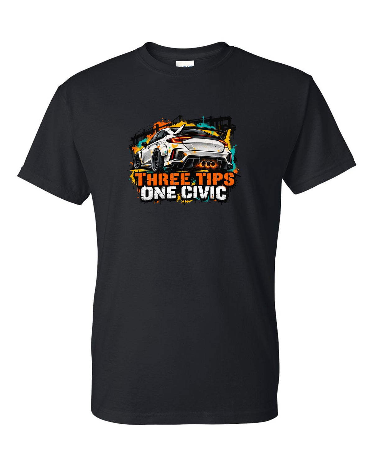Stencil spray street art print of a 2023 Honda Civic FL5 ch with three tips one Civic text black t-shirt front view with the design