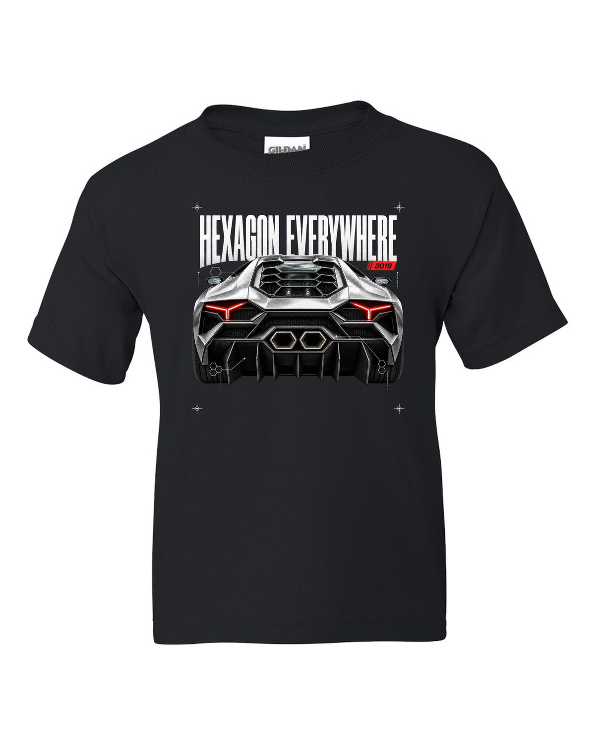 Detail macro print of a Lamborghini Huracan Evo LP640-4 with Hexagon Everywhere text black kids tee front view with the design