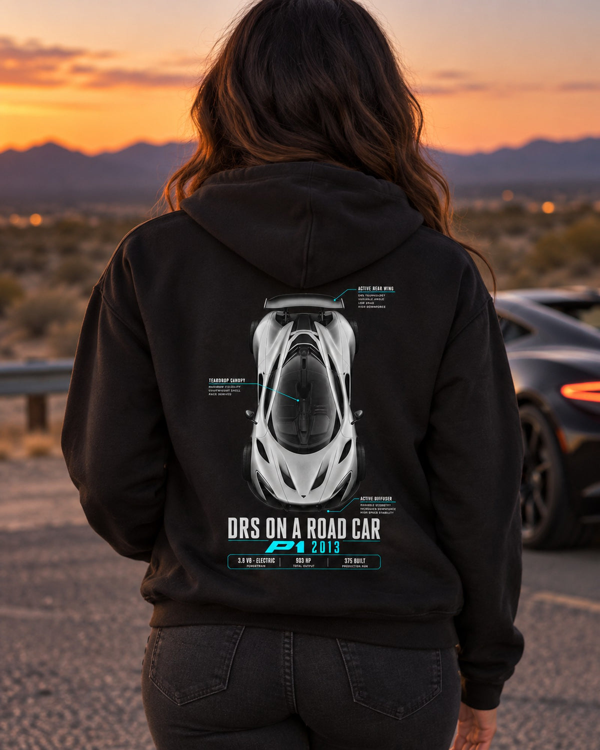 McLaren P1 2013 DRS On A Road Car Spec Poster Tee Zip Hoodie Black worn hero