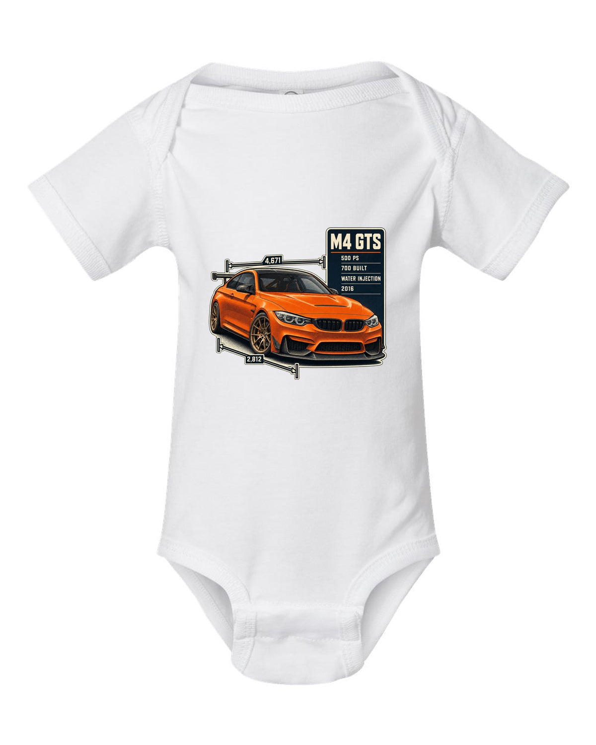 BMW M4 GTS F82 spec poster print design white baby onesie front view with the design